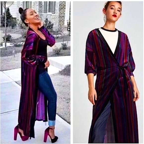Robe Zara Purple Dress With Belt ZARA Belted Velvet Striped